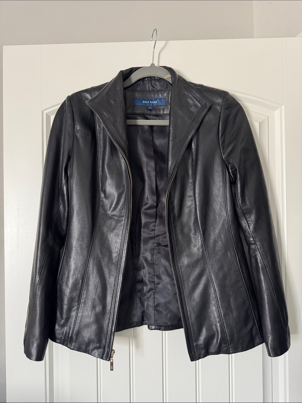 Cole Haan Black Leather Zip-Front Jacket with Stand Collar